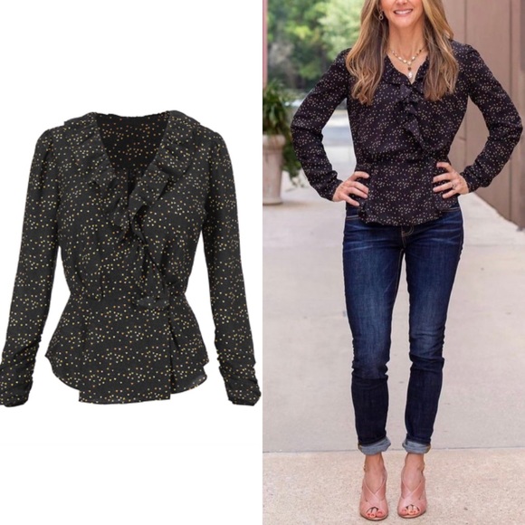 CAbi Tops - Cabi 2021 Eros Blouse #4154 Heart Print Ruffles Long Sleeve Black Medium